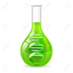 Flask with green liquid and DNA sign. Science and medicine concept